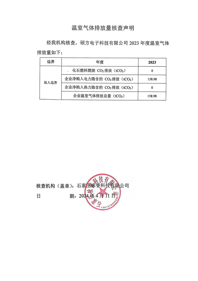 碩方電子科技有限公司2023年度溫室氣體排放核查聲明